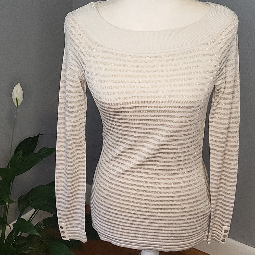 White House Black Market Pullover Boatneck Gold Metallic Stripe Sweater Size XS